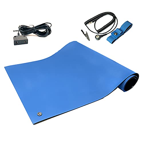 RubberStat Dual Layer ESD Compliant Workstation Rubber Table Mat Kit, Soldering, Cell Phone Repair, with Wrist Strap Set and Ground Cord - 30"x16" Royal Blue