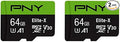 PNY 64GB Elite-X Class 10 U3 V30 microSDXC Flash Memory Card 2-Pack - 100MB/s, Class 10, U3, V30, A1, 4K UHD, Full HD, UHS-I, Micro SD