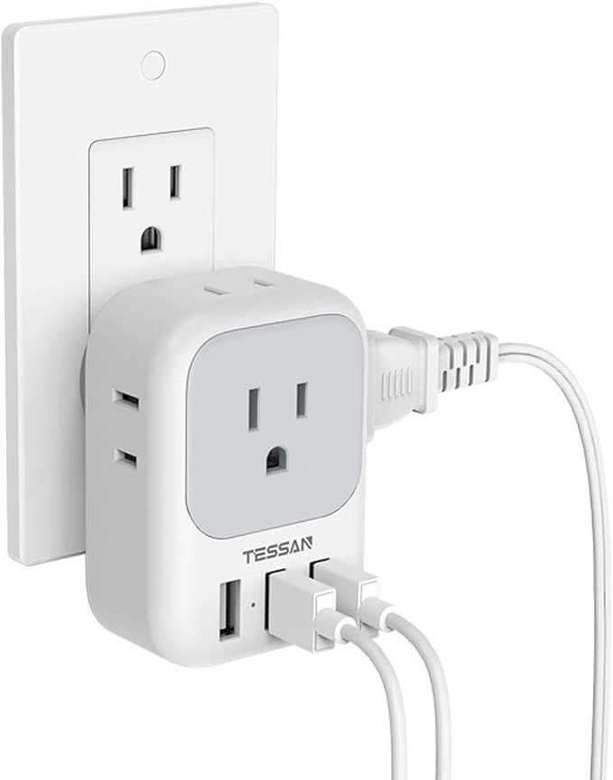 TESSAN USB Charger Block, Wall Plug Adapter with Electrical 4 Box Splitter 3 USB Wall Charger Ports, Multi Plug Outlet Extender Charging for Cruise, Travel, Office, Dorm Essentials