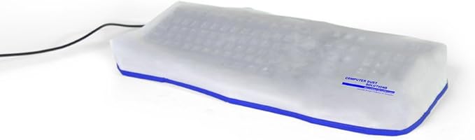 Keyboard Dust Cover, Covers Standard Size PC Keyboards, Silky Smooth Antistatic Vinyl, Translucent Coconut Cream Color with Blue Trim, Larger, (18W x2H x7D)