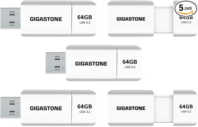 GIGASTONE 64GB Flash Drive (5 Pack) Z60 USB 3.2 Gen 1, 100MB/s Ultra Fast, Retractable Capless Slider Design, Data Storage, Backup for PC/Mac/TV/Car Audio, USB 2.0/3.0/3.1 Compatible