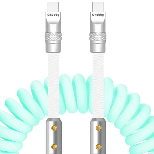 ChubbyCable Colorblock Chubby - Spring Braided Coiled USB C Charge Cable, Type C, 2.29FT-3.6FT, Light Blue+White, Car Charger Cord