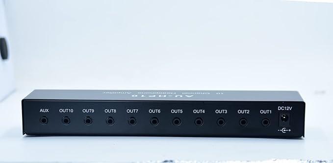 aux Mini Jack TRS 3.5 mm Input 1 in 10 Out Channel Headphone Amplifier Stereo Audio Amp with 12V 1A Power Adapter Distributor Headphone Splitter for Studio and Stage Black