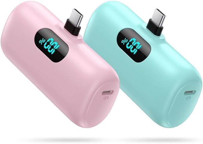 [2 Pack] Samll Portable Charger for iPhone 16/15 Series, 5000mAh 3A PD USB C Power Bank, Mini LCD Display Battery Pack Compatible with iPhone 16/16 Plus/16 Pro/15 Pro Max,Samsung,Android/Moto/LG etc
