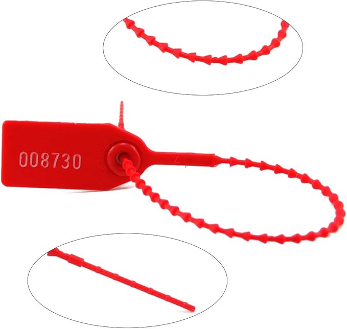 Leadseals(R) 100 Plastic Tamper Seals, Zip Ties for Fire Extinguishers Pull Tite Security Tags Numbered Disposable Self-Locking Tie 250mm Length (Red)