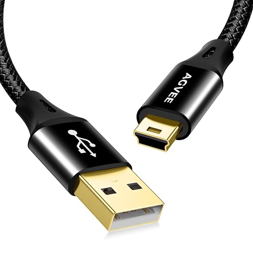 AGVEE 2 Pack 6.6ft Mini USB Cable, Braided Durable USB-A to Mini-B Charger Charging Cord for TI-84, Garmin GPS, Go-Pro Hero 4 3 2 HD, PS3 Controller, Canon Camera, Blue Yeti Microphone, Black