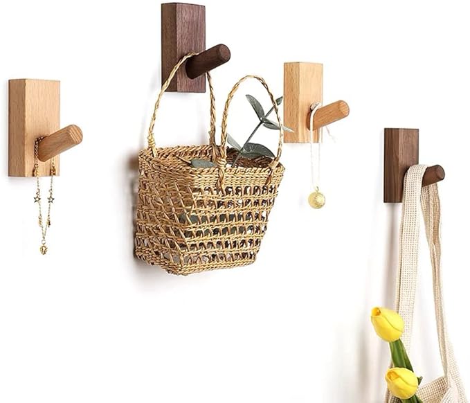 HomeDo 4Pack Adhesive Wall Hooks Hat Rack, Wooden Coat Hooks Wall Mounted, Decorative Hooks Single Organizer Hat Hanger Towel Rack, Heavy Duty Hooks (Rectangle-Walunt,4Pack)