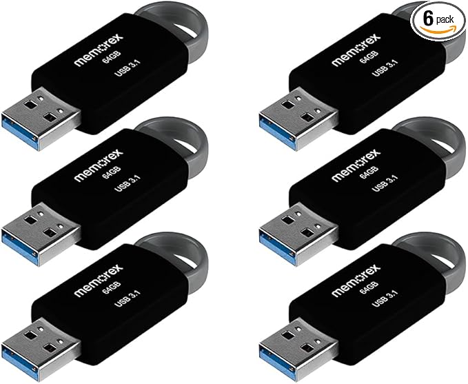 64GB Memorex USB 3.1 Flash Drive – Transfer Speeds Up to 10x Faster Than USB 2.0, Latest USB 3.1 Gen 1 Technology, Lightweight Design, for Daily File Management, Type-A Connector, 6-Pack