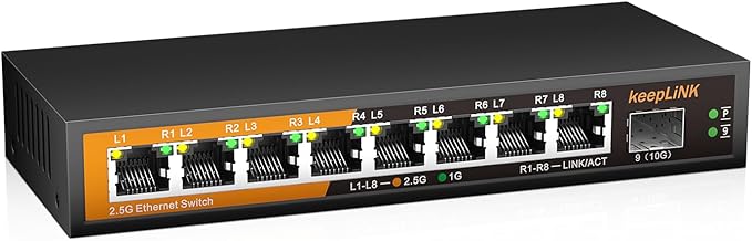 8 Port 2.5G Switch Unmanaged, Ethernet Switch with 8 x 2.5G Base-T Ports, 1 x 10G Base-T SFP Slot, 60Gbps Switching Capacity, Plug & Play, Fanless Metal, Wall Mountable