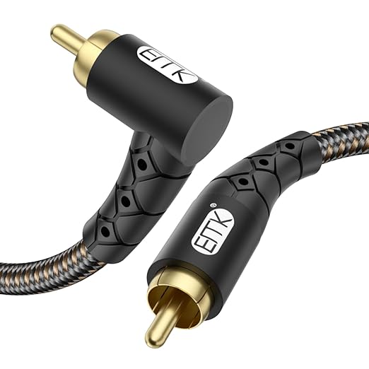 EMK 90 Degree RCA Subwoofer Cable 24K Gold-Plated Connector Nylon Braided Double Shielded – Support Digital & Analog Signals for Amplifier, Home Theater, Hi-Fi System,Subwoofer Black/6.6ft/2m