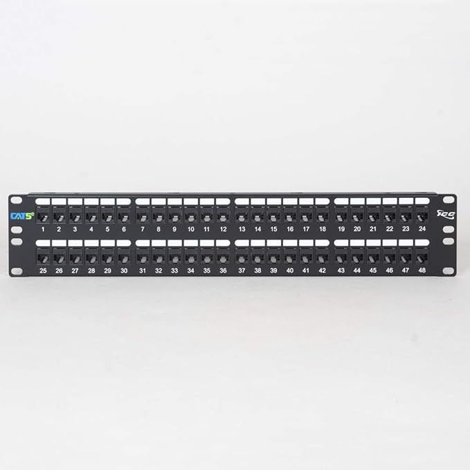 ICC CAT5e Feed-Through Patch Panel, 48 Port, 2U Rackmount, RJ45 Ethernet Patch Panel, No Punch Down, PoE++ and TAA Compliant, Black