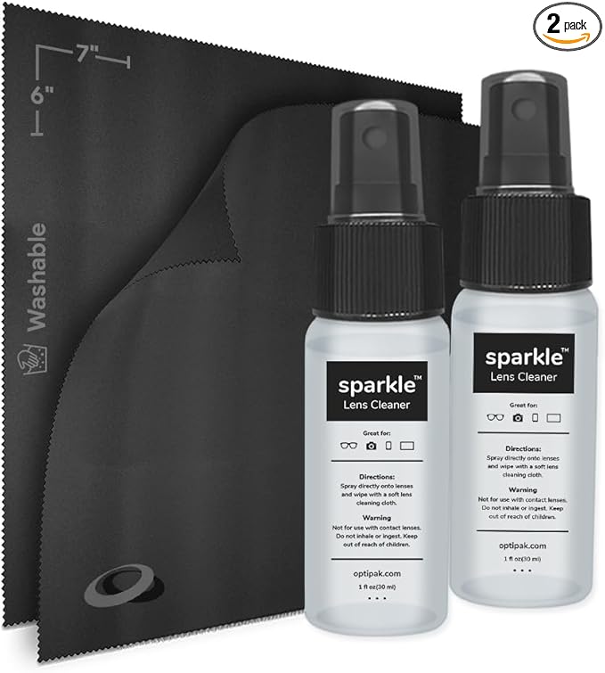 Sparkle Anti-Reflective Lens Cleaner Spray kit | (2) 1oz Glasses Cleaner Spray + (2) Microfiber Cloth for Eyeglasses, Sunglasses, Lenses, Screens and Camera Cleaning Kit (4 Piece Set)