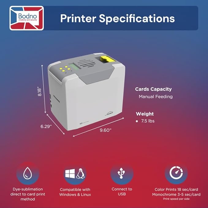 Bodno Seaory S25 Single Sided ID Card Printer & Complete Supplies Package ID Software and Camera - Silver Edition