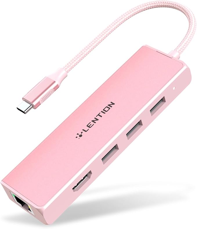 LENTION USB C Hub with 1000Mbps Ethernet Adapter, 4K HDMI, 3 USB 3.0 Port for 2024-2016 MacBook Pro 13/14/15/16, New Mac Air & Surface, Chromebook, More, Stable Driver Certified (CB-C25, Rose Gold)