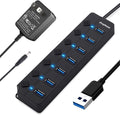 USB 3.0 Splitter, 7-Port USB 3.0 Hub with Individual Power Switches and Lights, Portable Expansion Data Hub with 5V/2A Power Adapter for Windows 10, 8.1, 8, 7, Vista, XP, Linux, Mac OS X