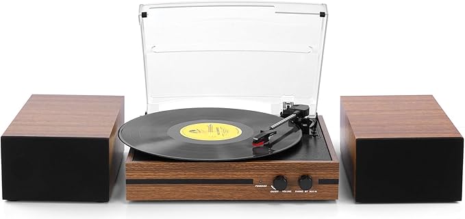 Vinyl Record Player with Dual Stereo Bookshelf Speakers Vintage Belt Drive Bluetooth Turntable with External Speakers,Convert Vinyl to MP3,LP Players AUX Headphone Input RCA Out,Brown