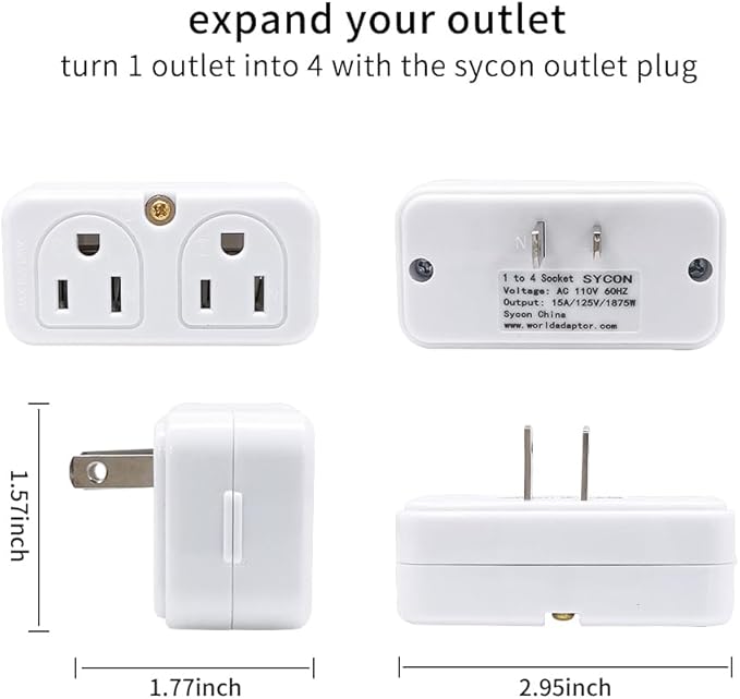 SYCON Adapter Outlet Extender, 2-Prong Mini Wall Plug, Multi Outlet Splitter with 4 Outlets