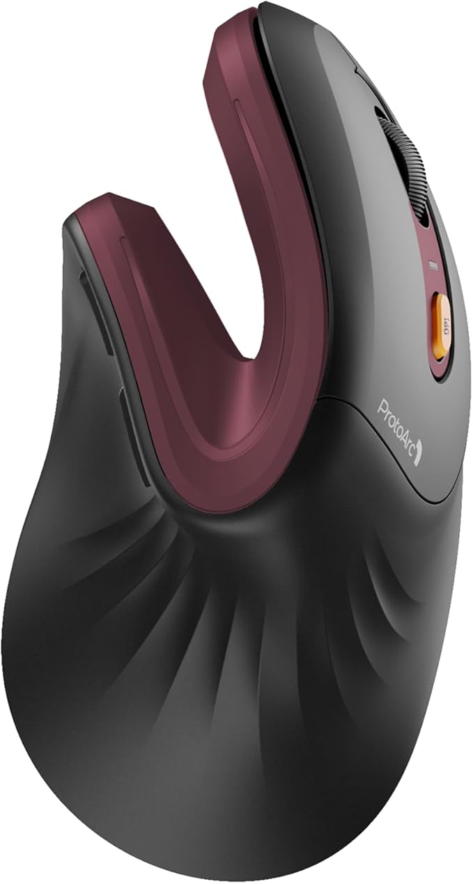 ProtoArc Ergonomic Vertical Mouse, EM11 NL Rechargeable Wireless Mouse Bluetooth, Ergo Mice with 3 Multi-Device for PC/Notebook/Laptop, 2.4GHz Optical Mice for Windows, Mac OS, Wine Red