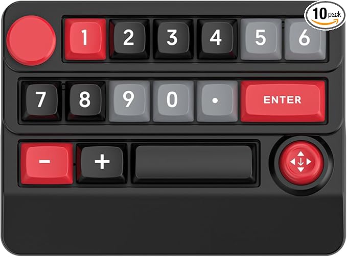 Adventurers W909 Wireless RGB Mechanical Numeric Keypad, Hot-Swappable, Macro-Programmable Numpad, Joystick & Knob Control for PC/Tablet/Laptop/Phone, Tri-Mode Connectivity (Red on Black)