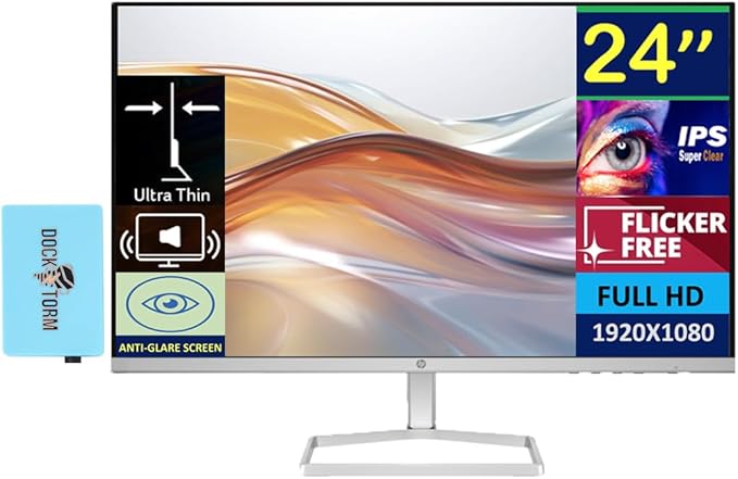 HP Series 5 524sa Monitor with Speakers (Replaces M24fwa) 24" 100Hz IPS FHD 99% sRGB 300 Nits Display, Adjustable Tilt, Flicker-Free, Anti-Glare, White/Silver w/DKZ USB Port Expander
