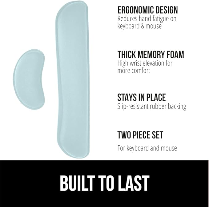 GORILLA GRIP Silky Gel Memory Foam Wrist Rest for Computer Keyboard, Mouse, Ergonomic Design for Typing Pain Relief, Desk Pads Support Hand, Arm, Mousepad Rests, Stain Resistant, 2 Piece Pad Sky Blue