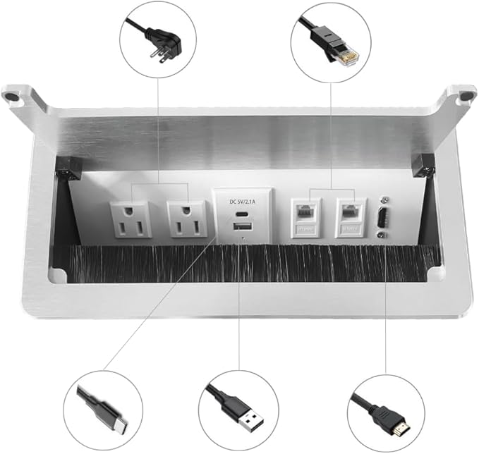 ZESHAN Conference Table Power hub Conference Table connectivity Box with 45 Degree Angle Convenient Plug-in Socket, Power Fully Enclosed Bottom Box Power Socket, USB, Type C, HDMI, RJ45, Silver