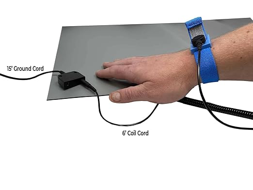 RubberStat Dual Layer ESD Compliant Workstation Rubber Table Mat Kit, Soldering, Cell Phone Repair, with Wrist Strap Set and Ground Cord - 36"x60" Grey