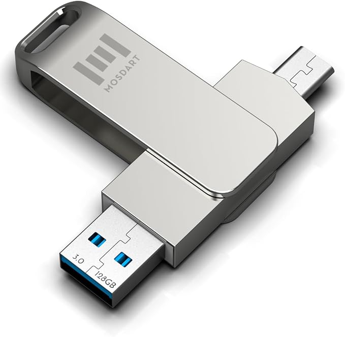 MOSDART 128GB USB3.1 Fast Speed C and A Dual Flash Drive, exFAT Memory Stick with Keychain Loop, for iPhone 15 and 16, Android Phone, iPad, MacBook, Silver