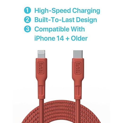 BLACK+DECKER USB C to Lightning Cable - Fast Compatible iPhone Lightning Cable - Durable Braided Type C iPhone Charger Cord - for Travel and Daily Use - Multiple Colors and Lengths - 6ft