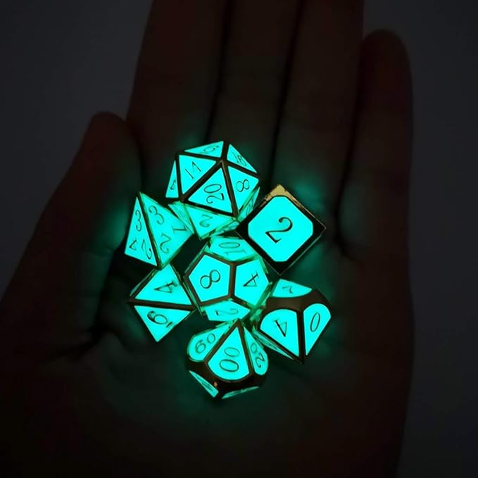 Haxtec Glow in The Dark Glowing Blue Metal Dice Set D&D W/Dragon Dice Bag 7PCS DND Dice Set Compatible with Dungeons and Dragons RPG Games-Gold Glowing Blue-V2