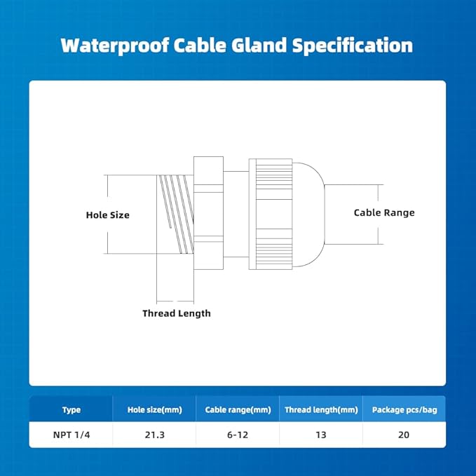 Cable Gland 20 Pack 1/4" NPT Waterproof Adjustable Connector Strain Relief Cord Connectors Joints Nylon with Gaskets…
