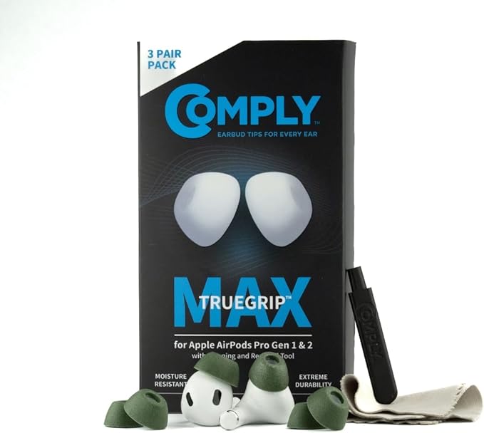 Comply TrueGrip MAX | Premium Memory Foam Replacement Earbud Tips for Apple AirPods Pro 1 & 2 | Long Lasting Comfort, MAX Durability, Secure Fit, Superior Noise Isolation| Green (S/M/L) (3 Pairs)