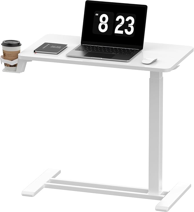 FLEXISPOT H7 Adjustable Overbed Bedside Table with Wheels Pneumatic Mobile Standing Desk Laptop Desk Rolling Computer Cart Movable Overbed Table Hospital Home Use(27.6" W x 15.7" D, White)