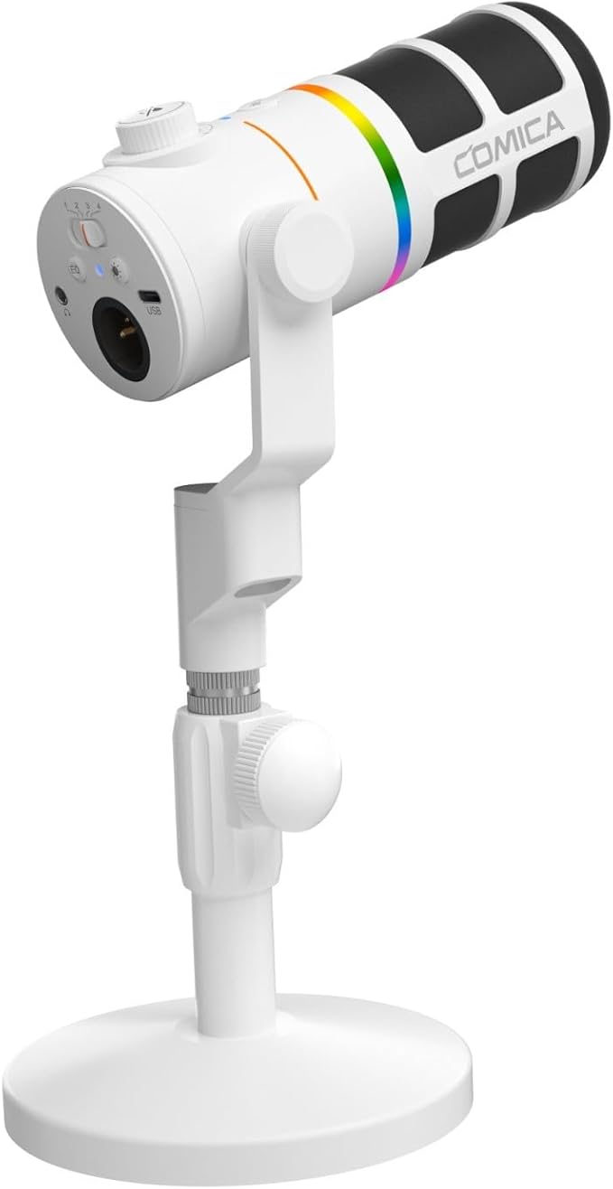 COMICA EJoy D10 D USB/XLR Dynamic Microphone with RGB Light &CalMix Denoise &Mute Button- Studio-Quality Cardioid Mic with Desktop Stand for Gaming, Streaming, Podcast,YouTube(PC/PS5/Xbox/Mac (White)