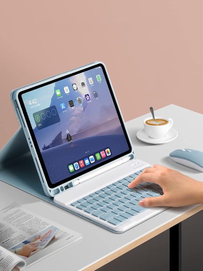 AnMengXinLing Keyboard Case for iPad Air 11 inch (M3 2025/M2 2024) with Mouse, Case for iPad Air 5th/4th Gen with Keyboard Cover with Pencil Holder, Blue