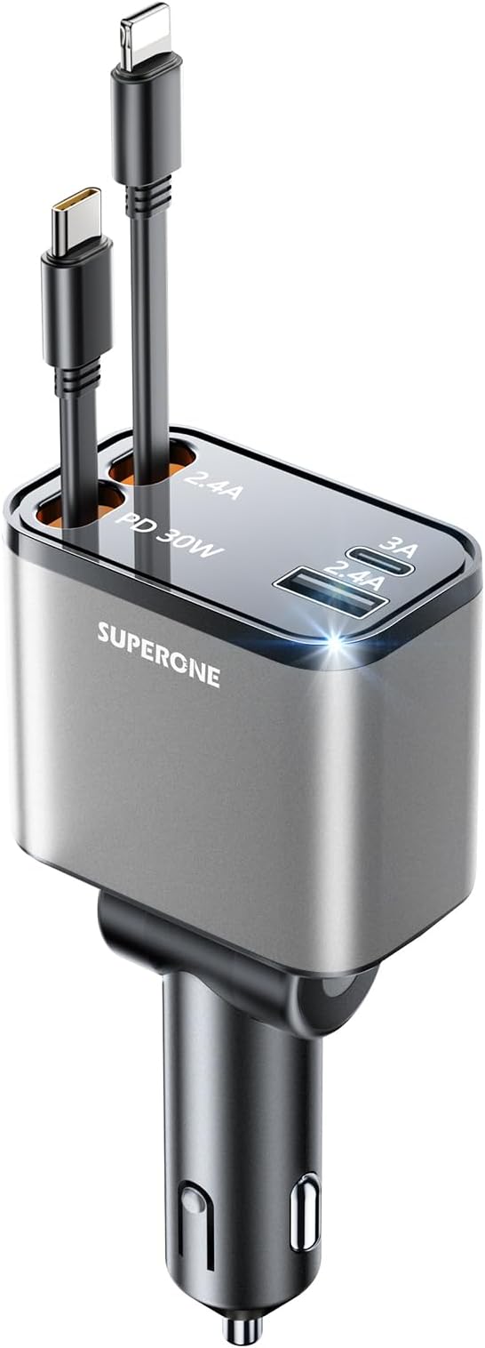 [2024 Upgraded] 4 in 1 Retractable Car Charger, SUPERONE Smaller Fast Car Phone Charger 69W with Cord, USB C and iPhone Car Charger Adapter, Compatible iPhone 15/15 Pro Max/14/13/12/11, Sumsung