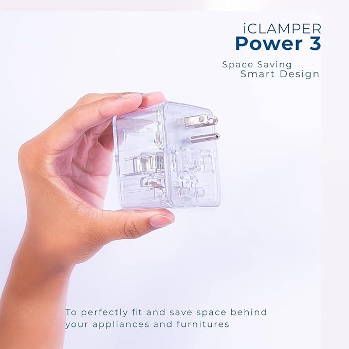Clamper 3-Outlet Surge Protector 1800 Joules, 1875W, for TV, PC, Xbox, PS5, Refrigerators and Other Appliances (Compact Wall Surge Protector), iCLAMPER Power 3, 2-Pack Clear