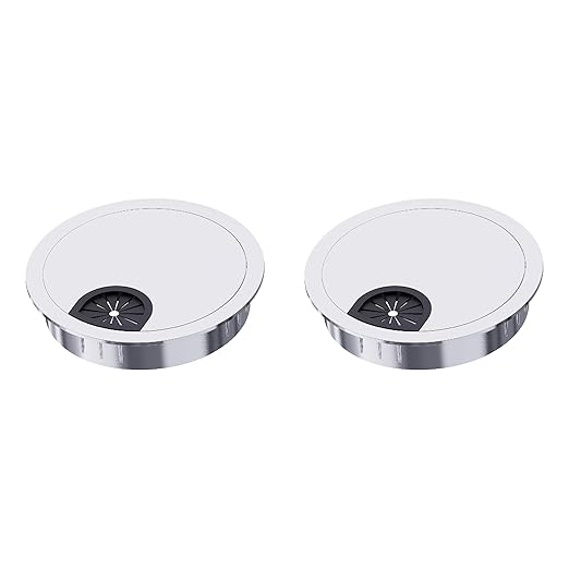 2 Pack Desk Grommet 2-3/8 Inch 60mm, Zinc Alloy Computer Desk Wire Hole Cover, Office Desktop Cord Cable Hole Metal Ring, Bright Silver