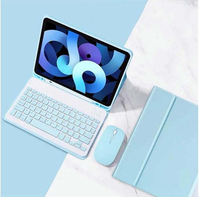 AnMengXinLing Keyboard Case for iPad Air 11 inch (M3 2025/M2 2024) with Mouse, Case for iPad Air 5th/4th Gen with Keyboard Cover with Pencil Holder, Sky Blue