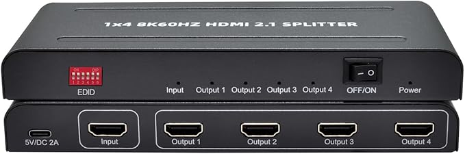 8K HDMI Splitter 1 in 4 Out,with EDID, 3D Stereo, 12-bit Deep Color, 48Gbps, Plug & Play, HDMI Splitter for Windows, Mac, Linux, Projectors, Laptops, Desktops (SP104SKE)