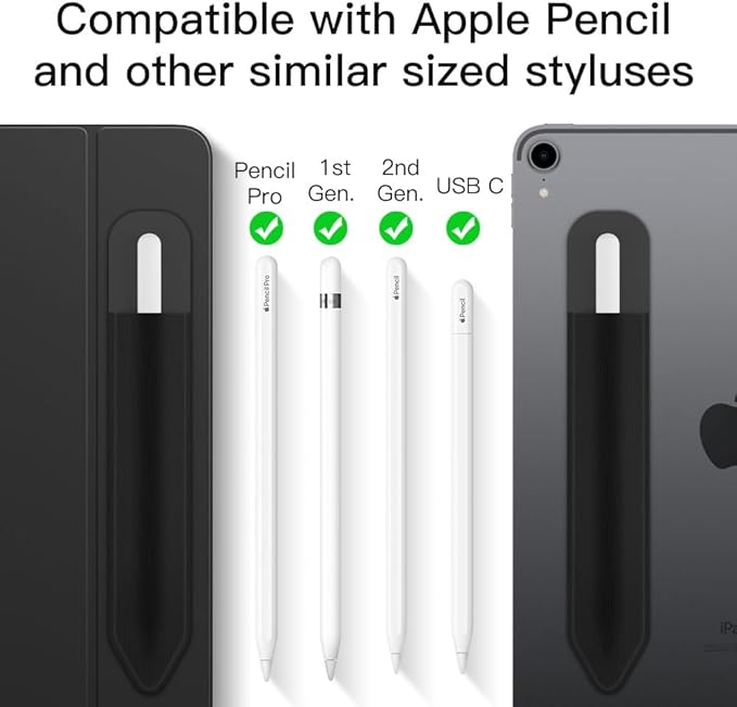MoKo Pencil Holder Sticker Fit Apple Pencil Pro, iPencil USB-C, Apple Pencil 1st/2nd Generation, Elastic Pencil Pocket Pouch Adhesive Sleeve Attached to iPad Case for Stylus Pens, 2 Pieces Black