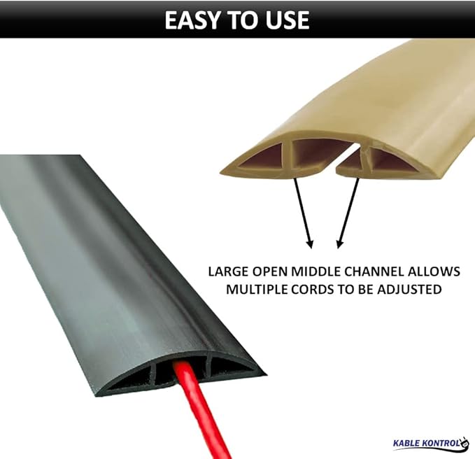 Kable Kontrol Floor Cord Cover kit - 15 Feet Long Tan Plastic Cable Protector, Hides Cords and Conceals Wires, for Extension Cord Cable Management, Channel Size 0.75” W x 0.43” H
