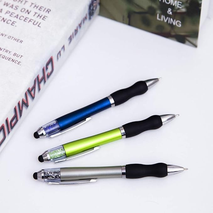 Stylus Pens for Touch Screens Medium Point Pens with Crystals for Women and Kids Black Ink Pen with Stylus Ballpoint Pens with Comfort Grip for The iPad, 5-Pack