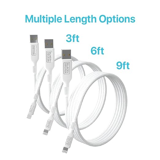 BLACK+DECKER Lightning to USB Cable - Fast Compatible iPhone Lightning Cable - Durable Braided iPhone Charger Cord - for Travel and Daily Use - Multiple Color + Length Options - 6ft
