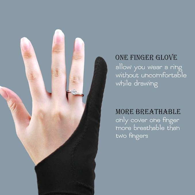 AKX Artist Glove Medium - 2 Pack Palm Rejection Drawing Gloves for Graphic Tablet, iPad - Smudge Guard, Reduce Friction, 1-Finger, Elastic Lycra, Good for Left and Right Hand, Black | AK-01