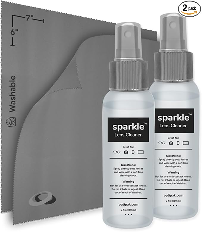Sparkle Anti-Reflective Lens Cleaner Spray kit | (2) 2oz Glasses Cleaner Spray + (2) Microfiber Cloth for Eyeglasses, Sunglasses, Lenses, Screens and Camera Cleaning Kit (4 Piece Set)