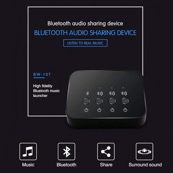 Bluetooth 4.0 Audio Sharer Audio Adapter 3.5mm Wired Stereo Music Sharing Device 1 in 3 Out Bluetooth and Audio Cable Connection Mode