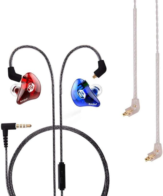 BASN Professional in Ear Monitor Headphones for Singers Drummers Musicians with MMCX Connector IEM Earphones (Lux Clear Red Blue)