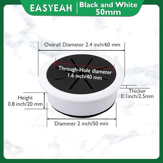 2 Pcs Desk Grommet 2" / 50 mm, Desk Hole Cover for Cables Black and White, Cable Grommet ABS Plastic, Desk Hole Grommet for Home & Office Pc, Detachable Cable Cord Organizer