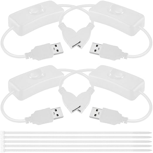 4PCS USB Power Switch Cable USB 2.0 A Male to Female Extension Cord On/Off Adapter with Inline Rocker Switch with Cable Ties for Driving Recorder Small Desk Lamp LED Strip (White)